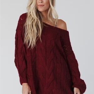 Three Bird Nest Off-Shoulder Sweater - Deep Red
